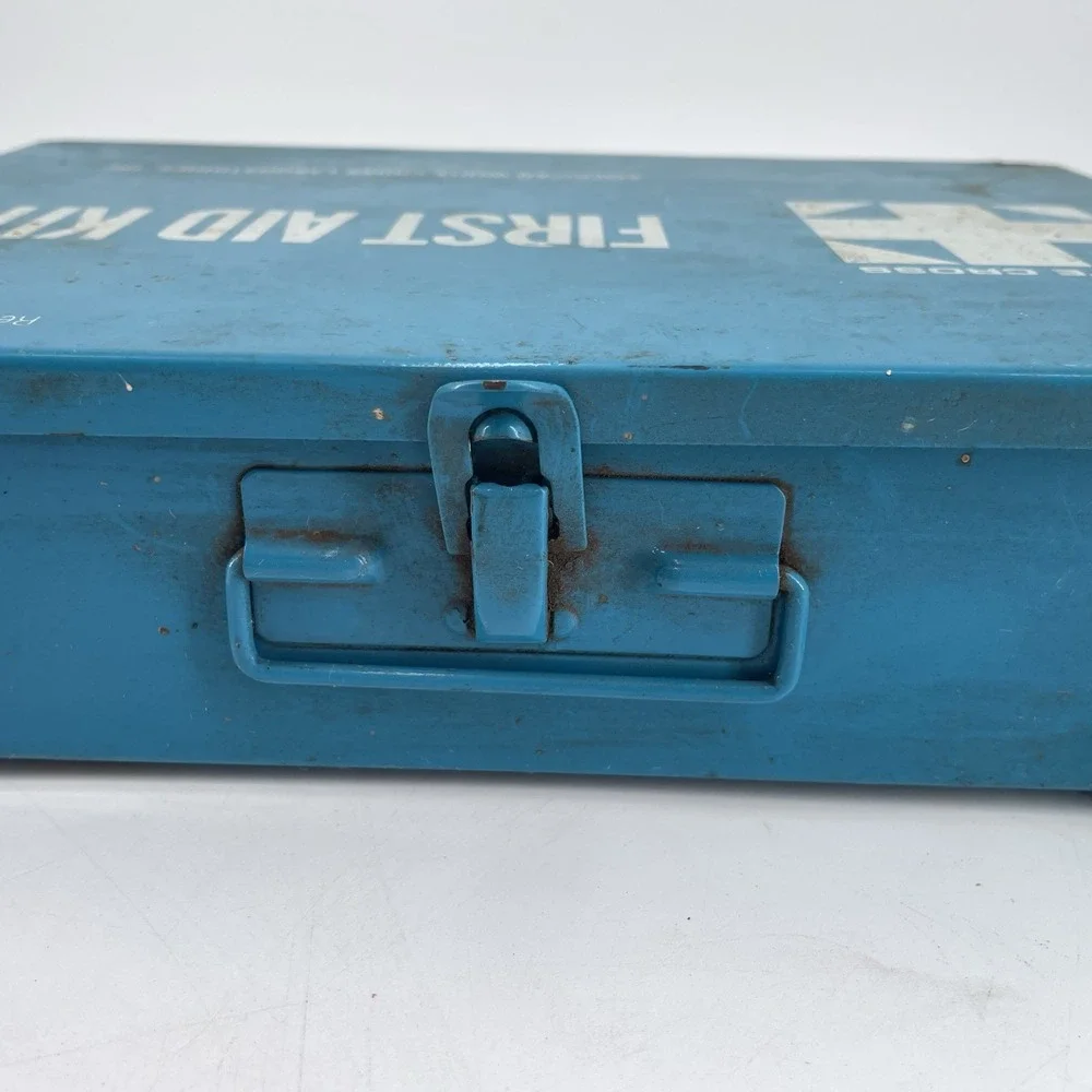 Steel Wall Mount First Aid Kit White Cross Lab Factory Industrial Film Prop Vtg